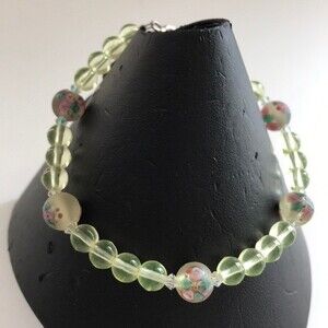 Vintage Hand Painted Flower Frosted Glass Beads Lemon Silver Clasp Bracelet 8 In